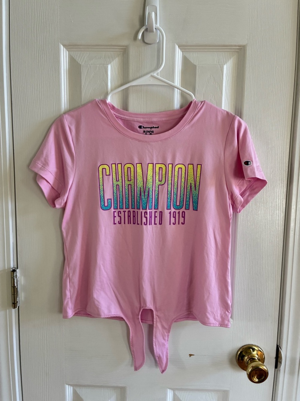 Champion Light Pink Short Sleeve Tie-Front Logo Tee